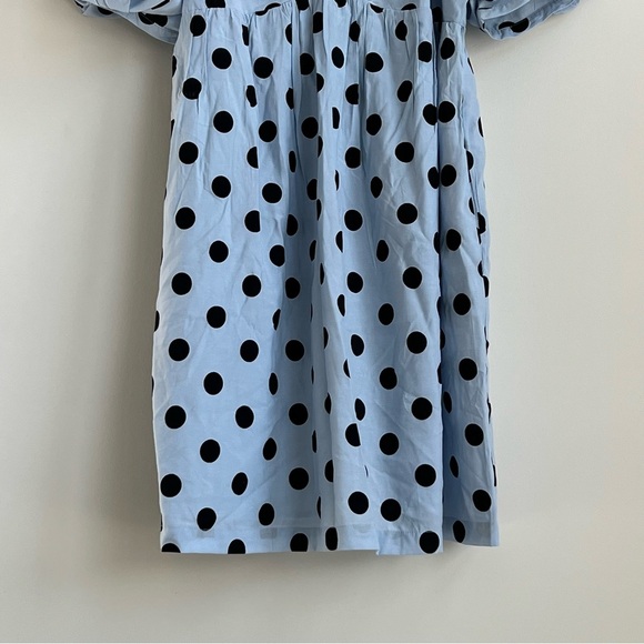 New English Factory Dotted BabyDoll Mini Dress Blie Puff Sleeve Large prairie - Picture 6 of 14